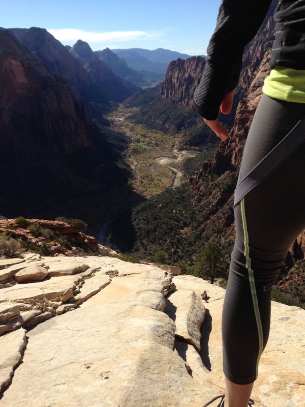 Zion National Park Angel's Landing Hike: view into Zion Canyon at summit with Splits59 nova trailblazer capris