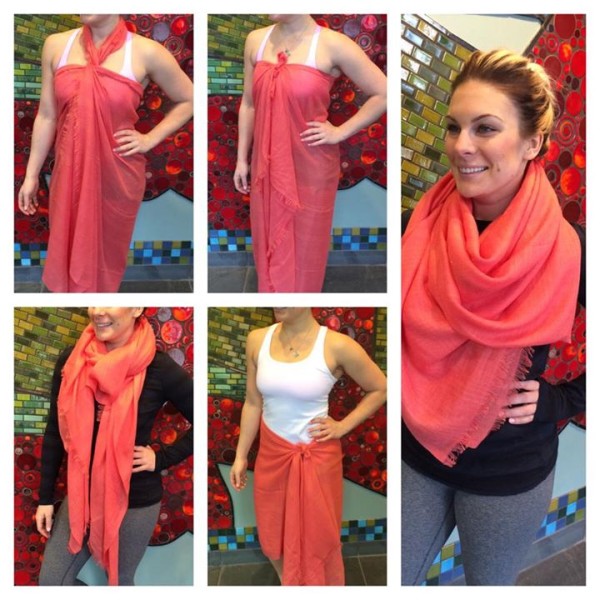 Lululemon atomic red mudra scarf styling