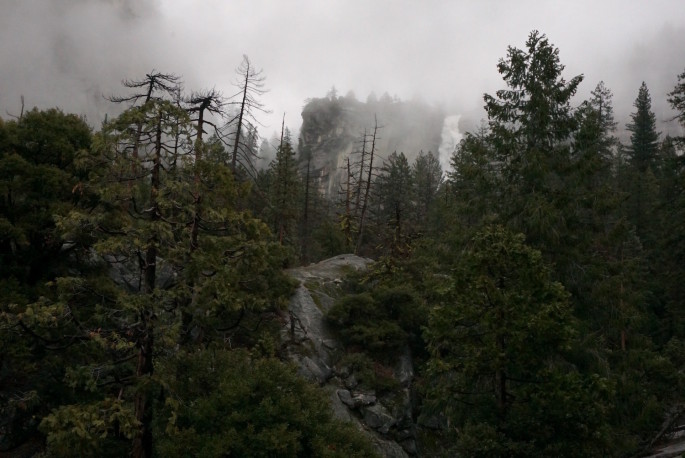 View of Nevada Fall in the fog from Mist Trail