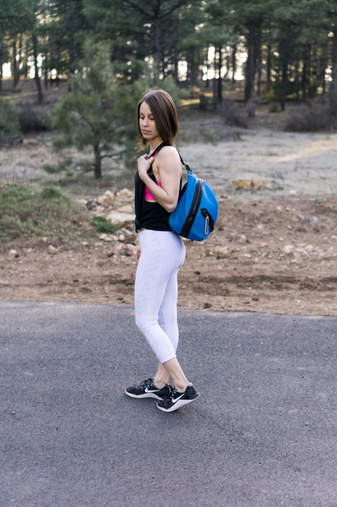 Black and white workout outfit with a pop of color