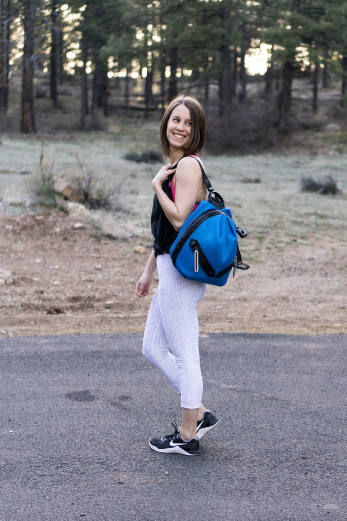 White workout capris + bright blue backpack