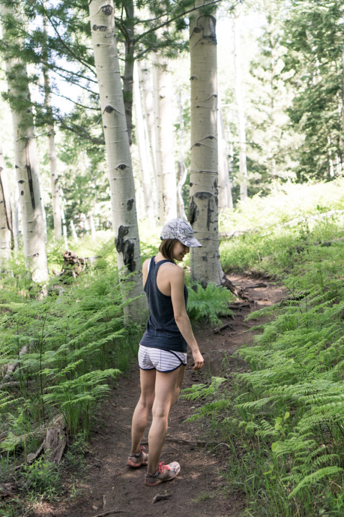Trail running outfit / lululemon shorts and Tracksmith tank