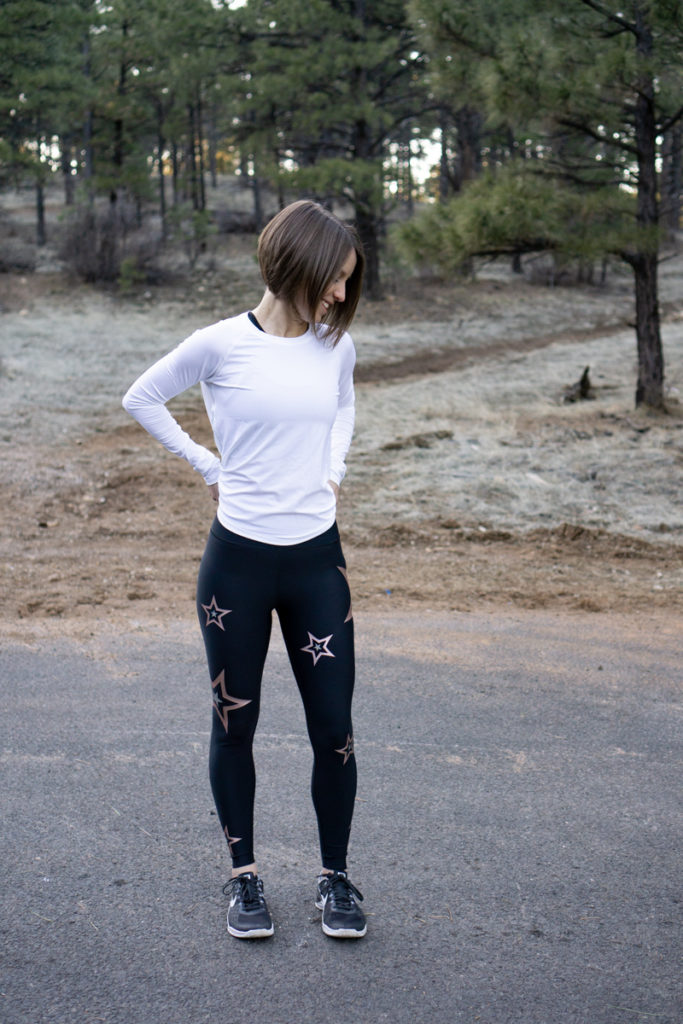 Workout outfit with rose gold star leggings