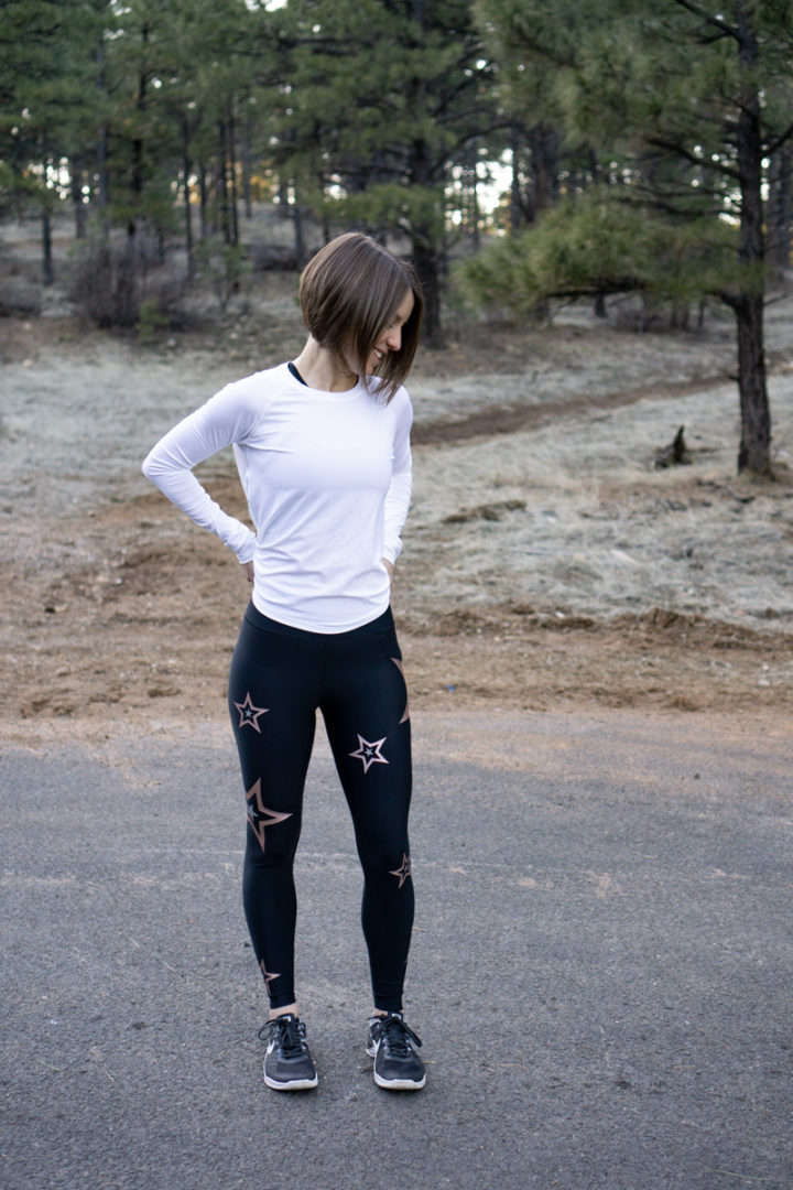 Workout outfit with rose gold star leggings