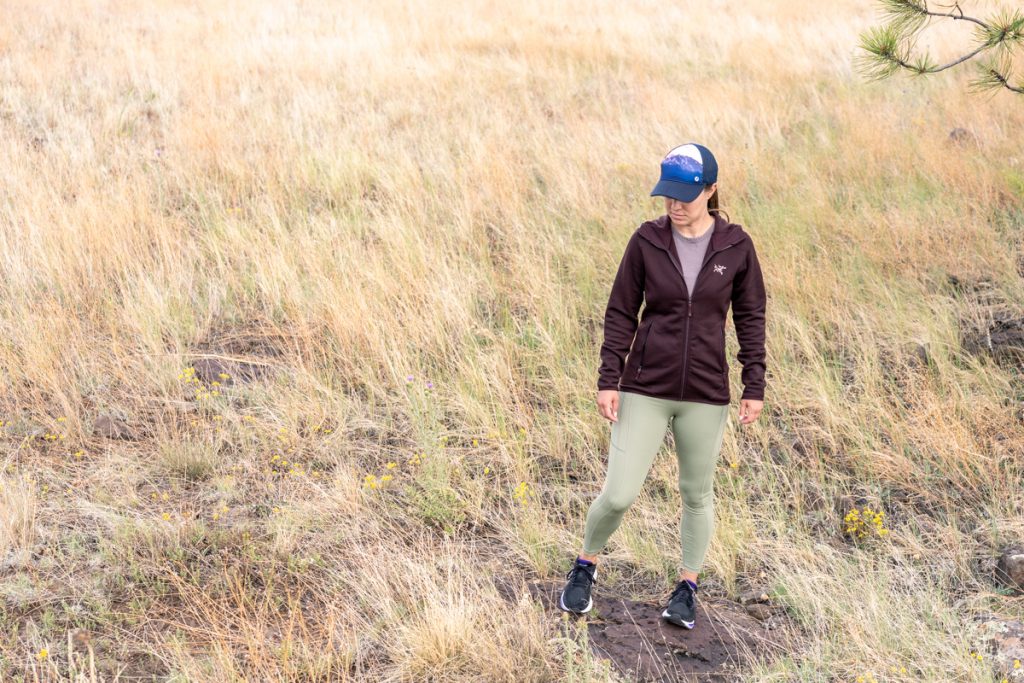 Fall hiking and camping outfit: Arc'teryx jacket with Athleta tights